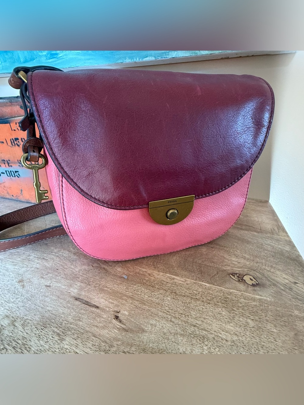 Fossil Pink and Burgundy Leather Colorblock Crossbody